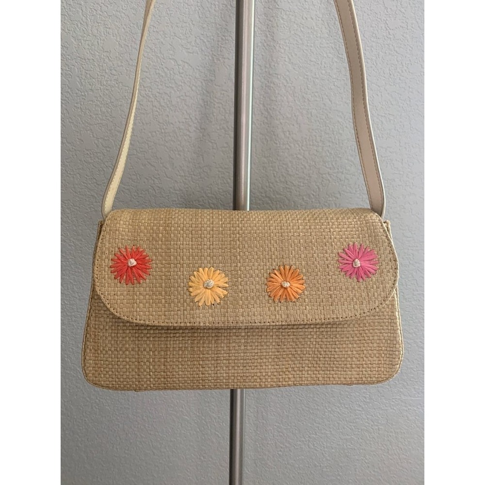 Vintage Etienne Aigner Straw Handbag Woven Raffia Shoulder Bag Colorful Floral